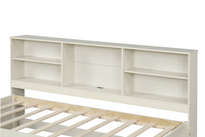 English Elm Twin Storage Bed with Bookcase Headboard Built-in Usb Charging and Two Drawers Creamy White W697S00037