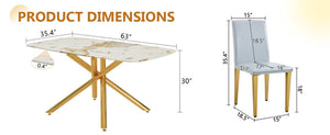 English Elm Table and Chair Set Marble Glass Top Gold Base Six Seat Glam Dining Room W1151S04779