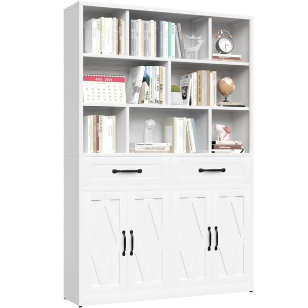 English Elm 71" Tall Metal Bookcase with Open Shelves Drawers and Cabinet Doors for Modern Office T2398S00002