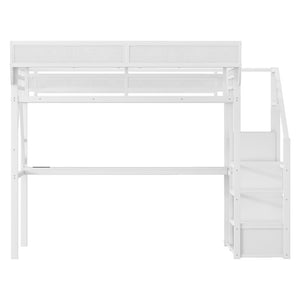 English Elm Queen Metal Loft Bed with Desk Charging Station Storage Stairs and Rgb Lighting W2580S00071