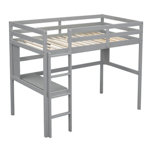 English Elm Twin Loft Bed with Built-In Desk and Bookcase, Pine Frame, Safety Guardrail, Ladder for Study Space Grey W504P181852