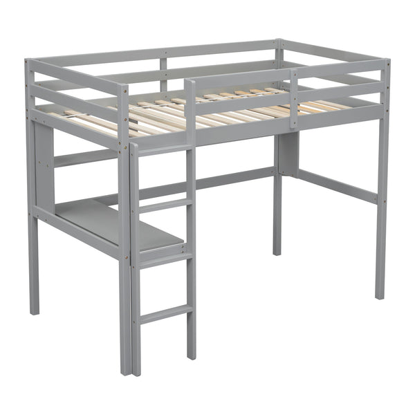 English Elm Twin Loft Bed with Built-In Desk and Bookcase, Pine Frame, Safety Guardrail, Ladder for Study Space Grey W504P181852