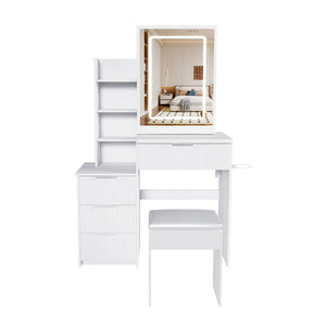 English Elm Modern Makeup Vanity Desk with Led Lighting Four Drawers Mirror and Built-in Power Outlet White W509P465830