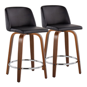 English Elm Toriano 24" Mid-Century Modern Counter Stool Set Of 2 With Swivel, Walnut Wood & Black Faux Leather B202S00131-GIGA