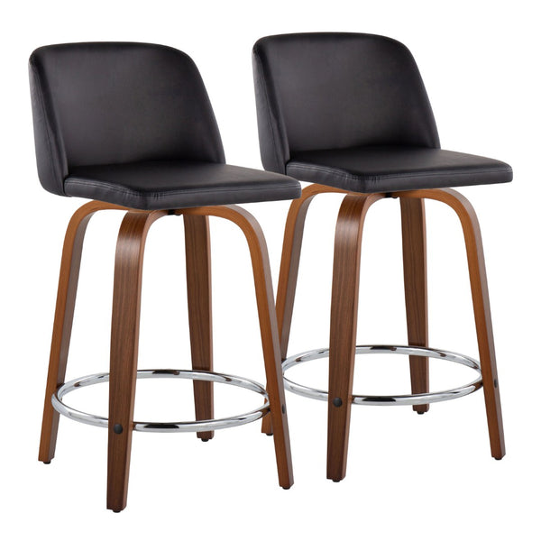 English Elm Toriano 24" Mid-Century Modern Counter Stool Set Of 2 With Swivel, Walnut Wood & Black Faux Leather B202S00131-GIGA