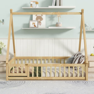 English Elm Full Size Rubber Wood Tent-Shaped Floor Bed With Guardrails & Door - Cozy, Modern Retreat For Kids W504P345788