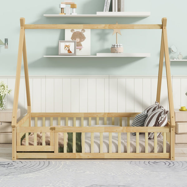 English Elm Full Size Rubber Wood Tent-Shaped Floor Bed With Guardrails & Door - Cozy, Modern Retreat For Kids W504P345788