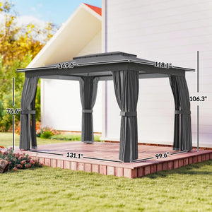 English Elm Double-roof Steel Gazebo with Upf Canopy Curtains and Mesh Panels for Outdoor Privacy Black,Dark Gray T3971P459073