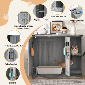 English Elm Cat Litter Box Cabinet Gray Mdf with Built-in Power Outlet and Geometric Door Design N704P414606E