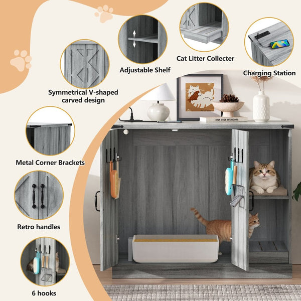 English Elm Cat Litter Box Cabinet Gray Mdf with Built-in Power Outlet and Geometric Door Design N704P414606E
