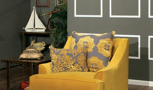 English Elm Traditional Low-Arm Chair with T-Cushion Seating, Nailhead Trim, Gold & Gray Finish with Pillows - 39"L x 37"W x 38"H B2741P375922