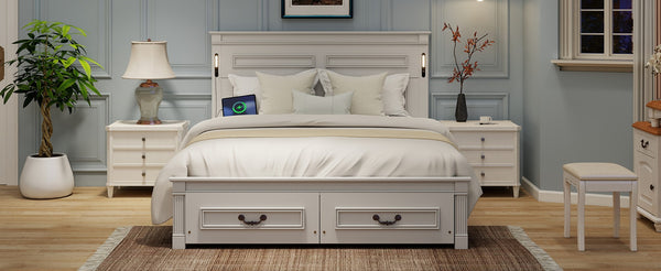 English Elm Queen Farmhouse Pinewood Storage Bed with Led Lighting Usb Charging and Panel Headboard White W504P391013