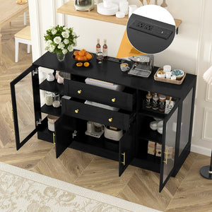 English Elm U-style Modern Buffet Sideboard with Acrylic Doors Power Outlet and Adjustable Storage Black N711P437648B