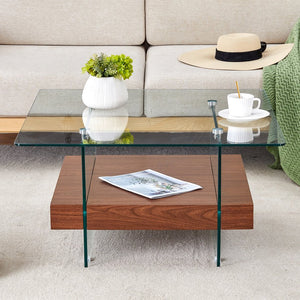 English Elm 31.4 Modern Two-Tier Square Coffee Table with Tempered Glass Top & Walnut Shelf — Stylish Storage W1512P407505