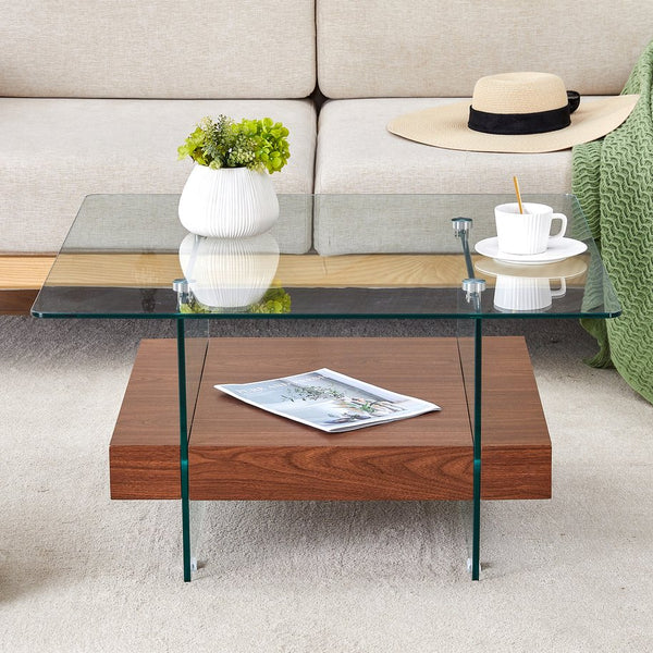 English Elm 31.4 Modern Two-Tier Square Coffee Table with Tempered Glass Top & Walnut Shelf — Stylish Storage W1512P407505