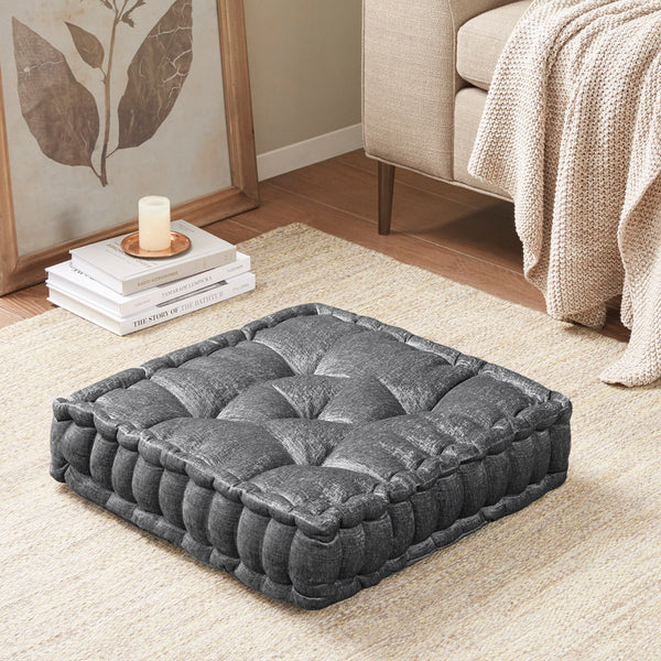 JLA Home Intelligent Design - Poly Chenille Square Floor Pillow Cushion — Textured Tufted Scalloped Accent Seat, OEKO-TEX Certified Comfort Charcoal ID31-1833