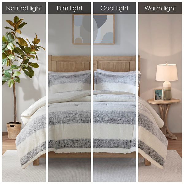 English Elm Full/Queen Sherpa Comforter Set - Farmhouse Striped Reversible Mink, Oeko-Tex Soft, Machine Washable, Rustic Chic B035129372