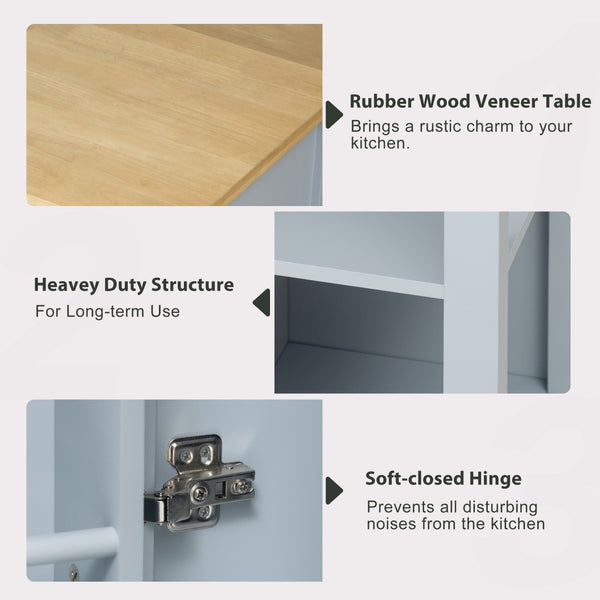English Elm K&k Farmhouse Kitchen Island Extendable Table Rubber Wood Veneer Built-in Charging Storage Grey+Blue N707S215327G