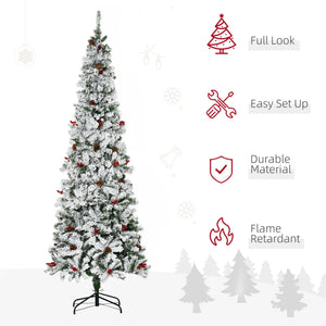 English Elm Homcom 7.5' Snow Flocked Pencil Christmas Tree With 600 Realistic Branches, Pinecones & Berries W2225P229732
