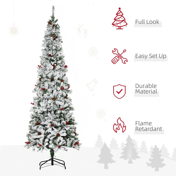 English Elm Homcom 7.5' Snow Flocked Pencil Christmas Tree With 600 Realistic Branches, Pinecones & Berries W2225P229732