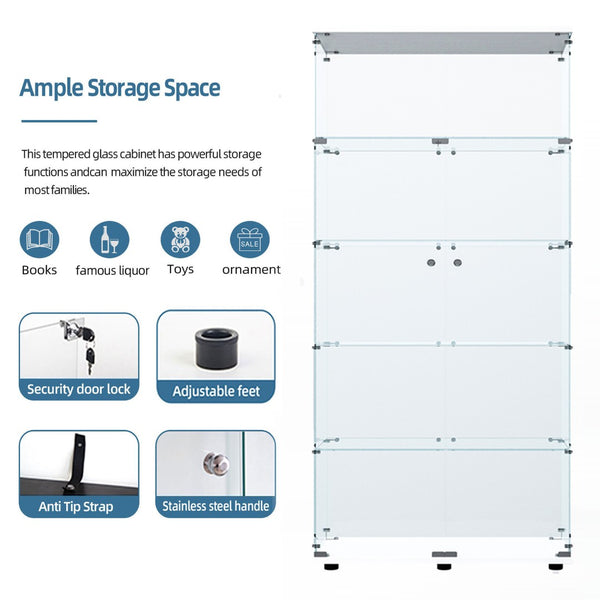 English Elm Tempered Glass Display Cabinet With Paipai Lighting & Locks, Adjustable Feet For Uneven Floors, White W3155S00022-GIGA