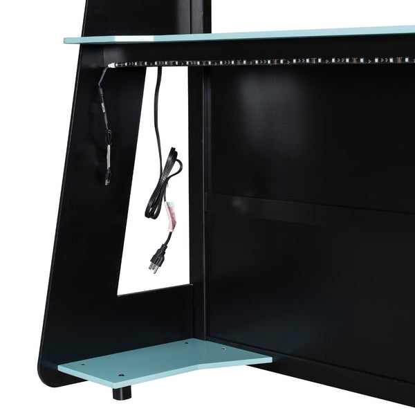 English Elm Full Size Gaming Loft Bed with Led Lighting Desk Shelves and Usb Charging Ports Black+Blue N820S00076C