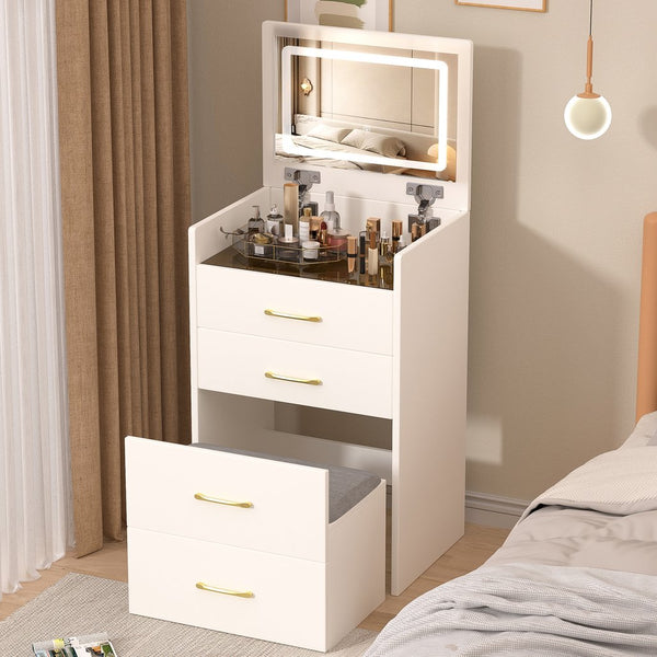 English Elm 3 3 in 1 Vanity Desk with Glass Top, Flip-Top Jewelry Organizer, Hidden Storage & Plush Bench W509P238992
