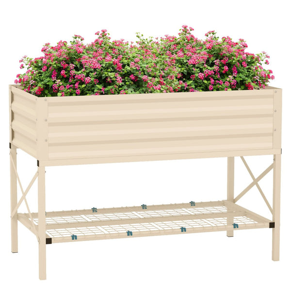 English Elm Outsunny Elevated Garden Bed With Galvanized Steel Frame, Storage Shelf & Easy-Access Planter Box W2225P200468-GIGA