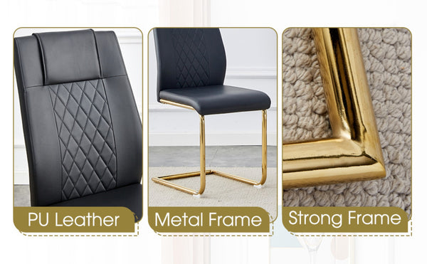 English Elm Table Set: Modern 9-Piece Luxurious Transparent Glass Dining Set With 8 Black Pu Chairs & Gold Legs W1151S02590-GIGA