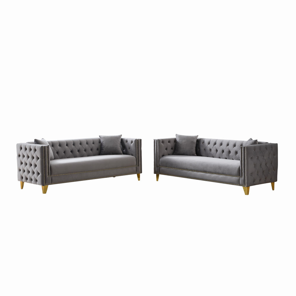 English Elm Chesterfield Velvet Sofa - Luxurious 3-Seat Deep Tufted Couch With Nailhead Trim For Modern Spaces W3373S00033