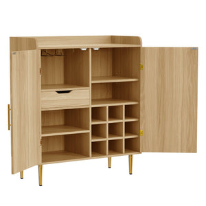 English Elm Modern Fluted Bar Cabinet with Wine Rack Glass Holders Adjustable Shelving and Hidden Drawer Natural N728P438606N