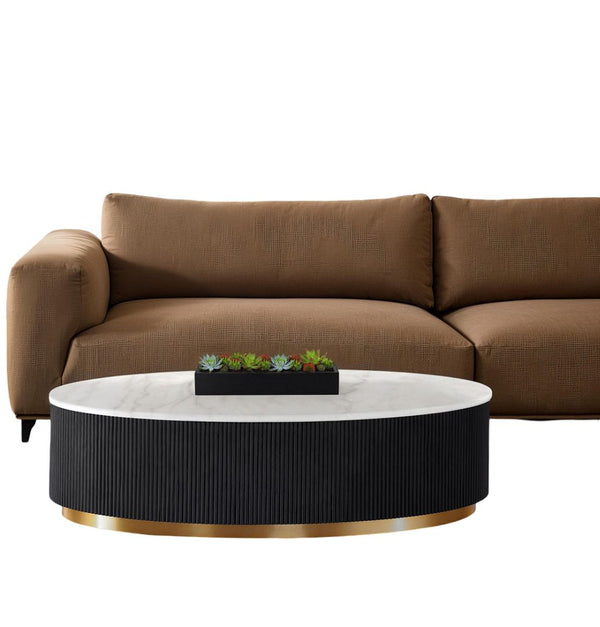 English Elm Contemporary 3-Piece Table Set: Oval Cocktail & Round End Tables With Marble Top & Gold Accents B2741S00658