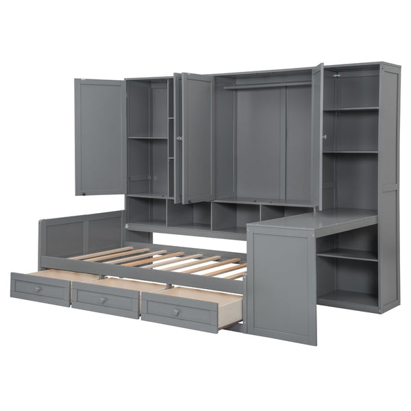 English Elm Twin Size Wooden Daybed With Integrated Desk, Storage Drawers, And Shelves - Stylish Gray Design! N820S00054E-GIGA