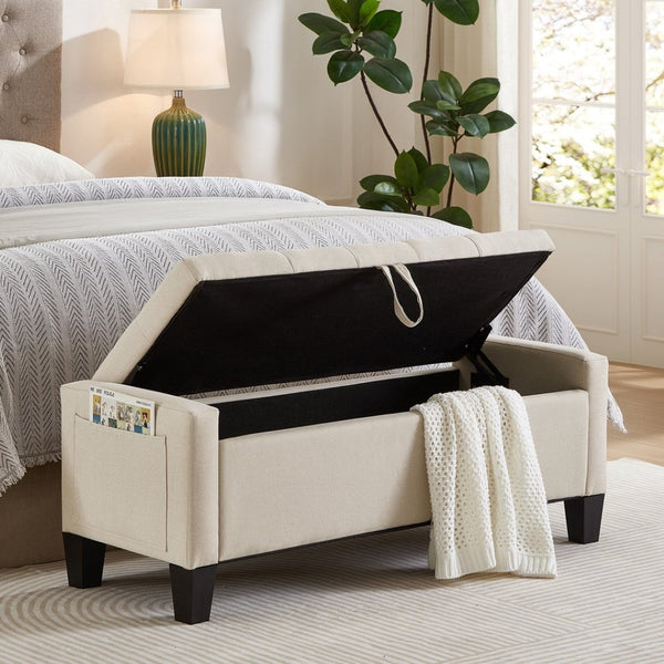 English Elm Ottoman Storage Bench Tufted Linen Upholstered Entryway Seat with Lift Top Shelf Beige W2186P465442