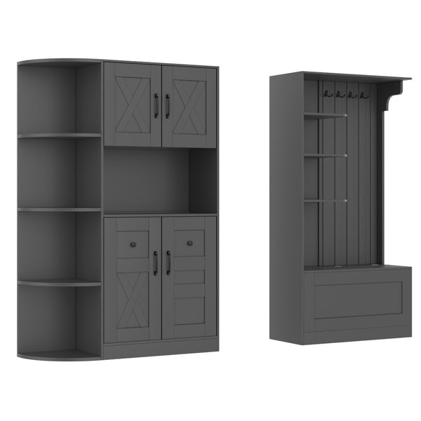 English Elm Multifunctional Modular Hall Tree Cabinet with Open Shelves and Hooks for Entryway Black W1580S00566