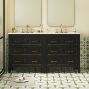 English Elm 60'' Elegant Black Bathroom Vanity Set With Ceramic Sink, 6 Drawers, Solid Wood Frame & Storage N710SS00003B