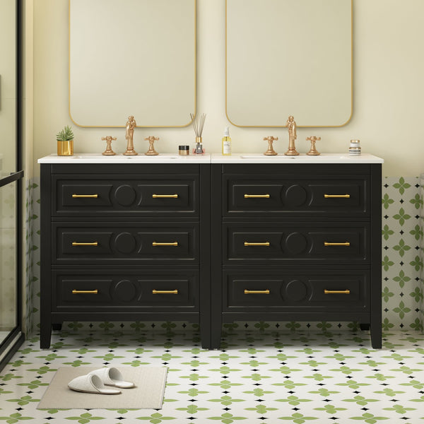 English Elm 60'' Elegant Black Bathroom Vanity Set With Ceramic Sink, 6 Drawers, Solid Wood Frame & Storage N710SS00003B
