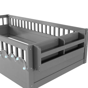 English Elm Twin Montessori Floor Bed Frame with High Rails and Built-In Light Shelf for Safe Independent Sleep Grey 79.13 L x 13 W x 6.3 H W2593P333797