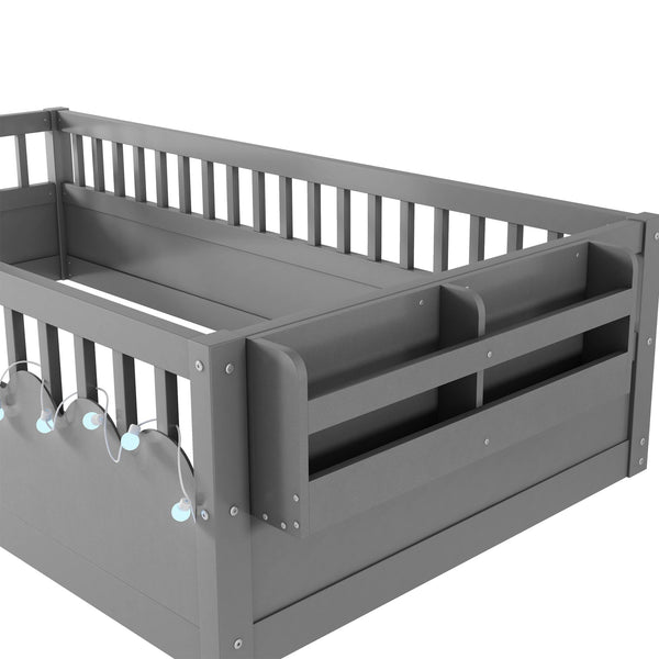 English Elm Twin Montessori Floor Bed Frame with High Rails and Built-In Light Shelf for Safe Independent Sleep Grey 79.13 L x 13 W x 6.3 H W2593P333797