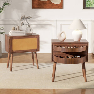 English Elm Rotating Rattan Nightstand Push Open Hidden Storage Mid Century Wood Leg Bedside Walnut N761P288451N