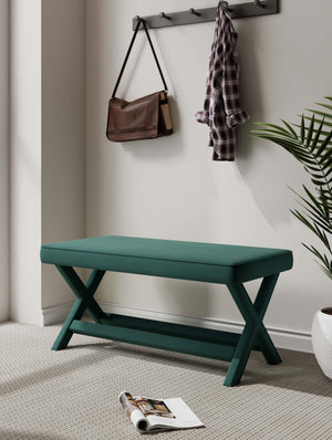 English Elm Abigail Velvet Upholstered Accent Bench in Forest Green with Solid Wood X-Leg Frame, Plush Cushion B365P398206