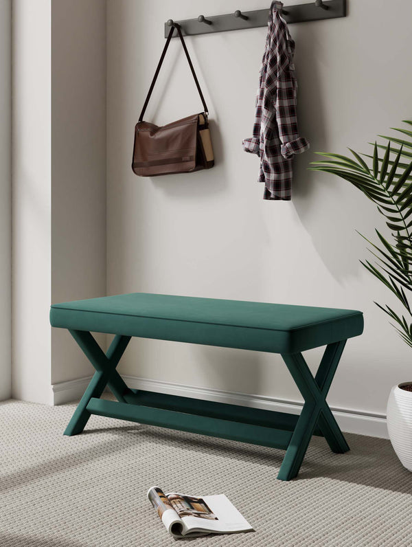 English Elm Abigail Velvet Upholstered Accent Bench in Forest Green with Solid Wood X-Leg Frame, Plush Cushion B365P398206