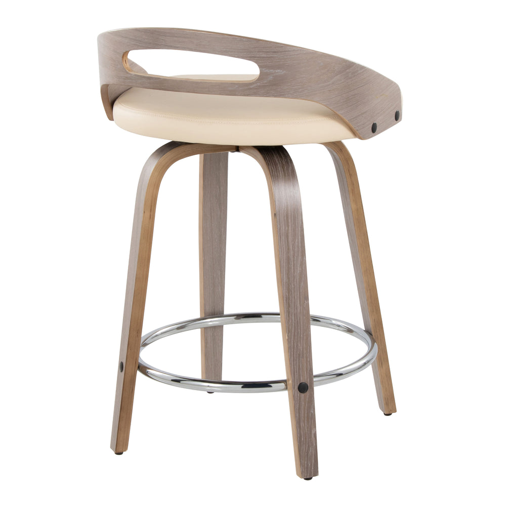 English Elm Cassis 24" Mid-Century Modern Counter Stool Set Of 2 - Light Grey Wood, Cream Faux Leather & Chrome Footrest B202S00012