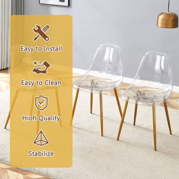 English Elm Table and Chair Set Tempered Glass Top with Gold Leg Ghost Seats for Dining Room W1151S04559