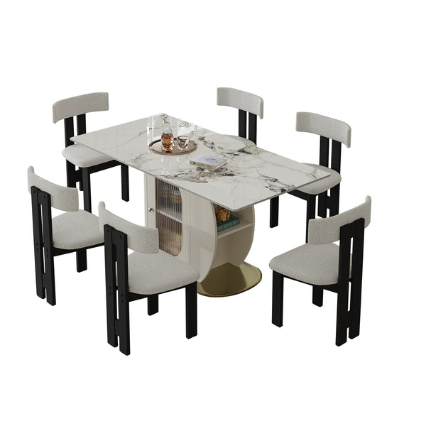 English Elm 63" Modern 7-Piece Dining Table Set With Elegant Storage, Burnt Stone Top & Velvet Chairs For Style W2700S00067