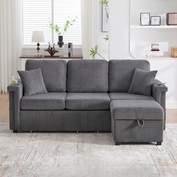 English Elm UNITED Corduroy L-Shaped Sectional Sofa with Storage Ottoman, USB Ports, Cup Holders & LED Lighting Dark Gray W1568P332407