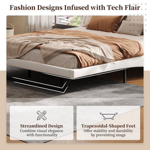 English Elm Queen Pu Leather Platform Bed Sculptural Wave Base Floating Silhouette Modern Bedroom White N761S0000032W