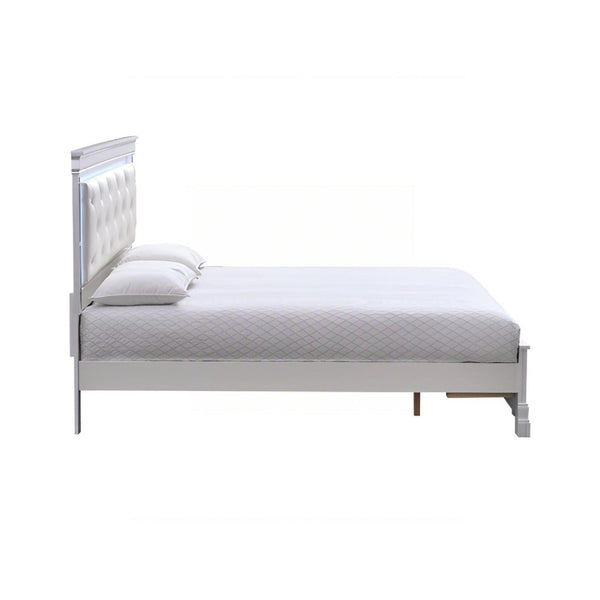 English Elm Verona King Bed With Jeweled Tufted Headboard, Led Lighting & Built-In Storage - Pearl White Elegance B078S00641-GIGA