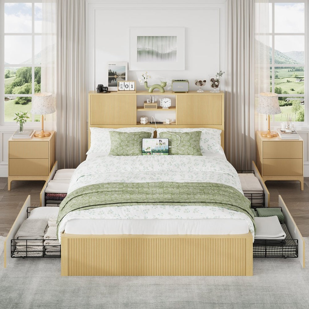English Elm Queen Storage Bed Oak Finish Sliding Barn Door Headboard with Built-in Charging T3773P417190
