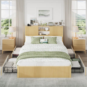 English Elm Queen Storage Bed Oak Finish Sliding Barn Door Headboard with Built-in Charging T3773P417190